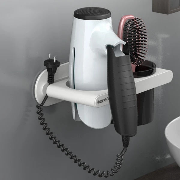 Suport pentru uscatorul de par, autoadeziv, pahar pentru articole baie, din ABS, dimensiuni 23 x 13 x 9 cm, alb