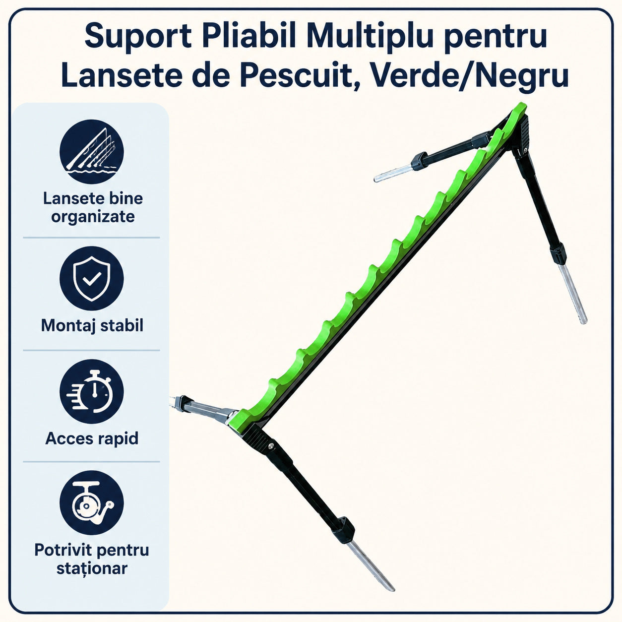 Suport Pliabil Multiplu pentru Lansete de Pescuit, Verde/Negru – caracteristici