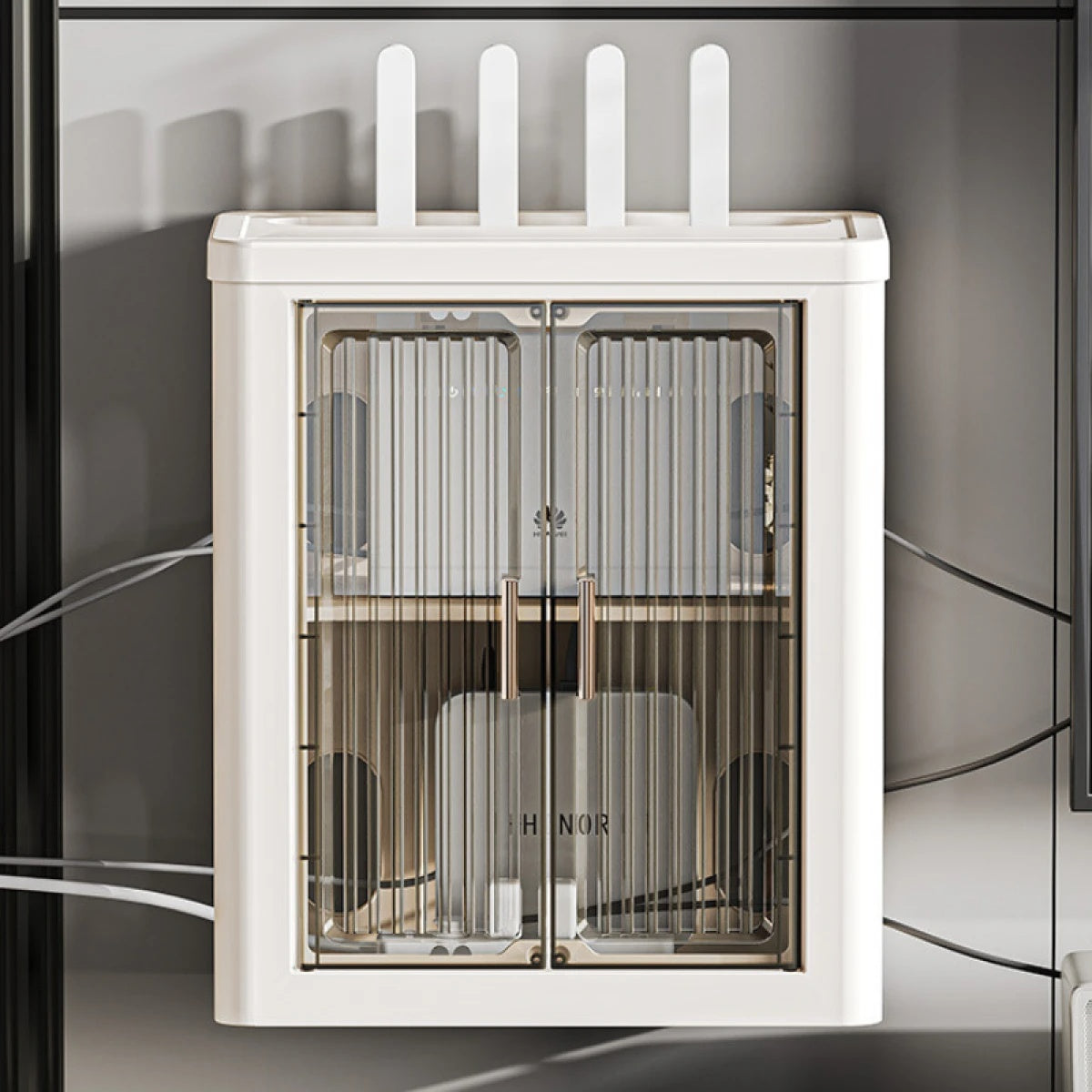 Suport pliabil pentru depozitare router wifi, autoadeziv, dimensiuni 33 cm x 28 cm x 14.3 cm, alb