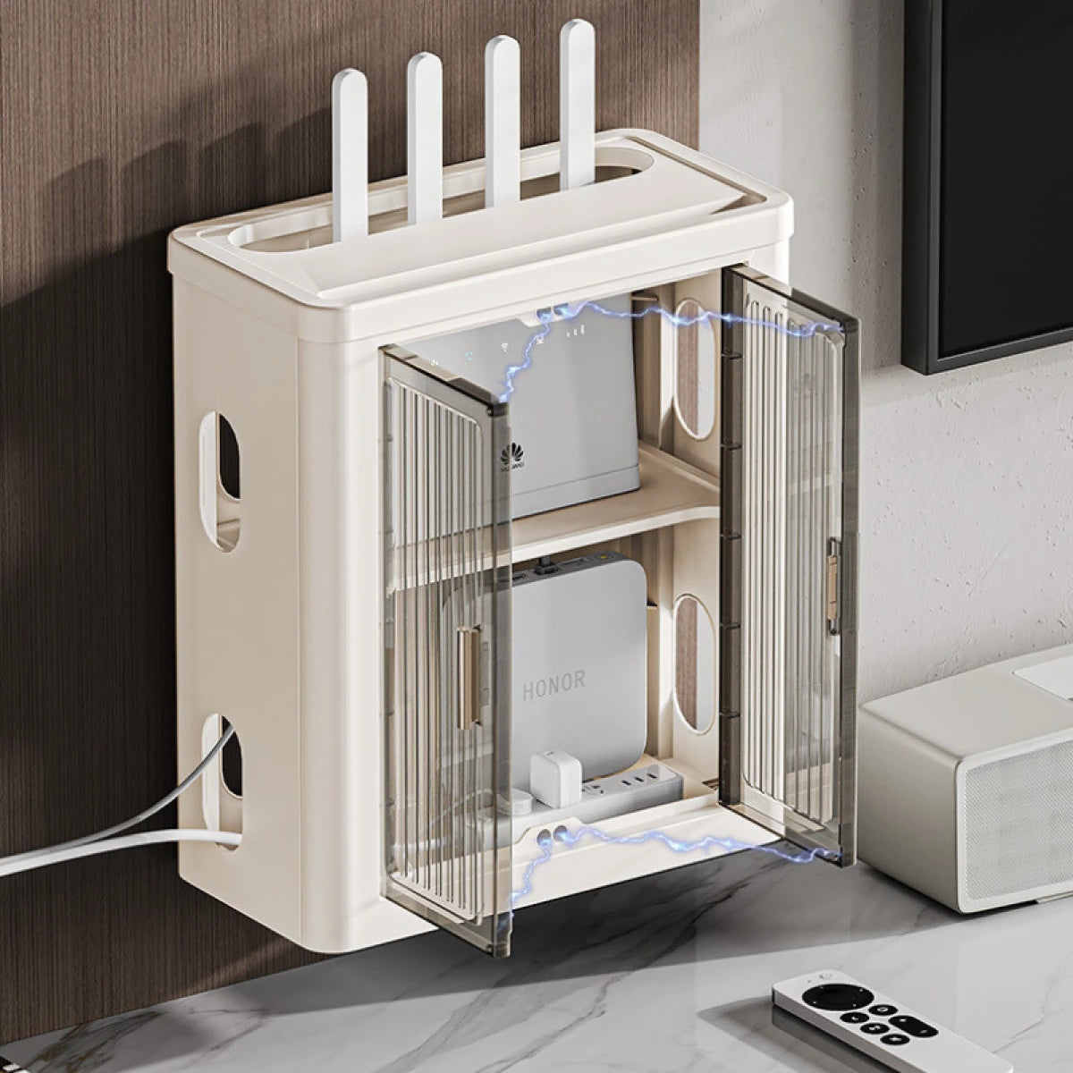Suport pliabil pentru depozitare router wifi, autoadeziv, dimensiuni 33 cm x 28 cm x 14.3 cm, alb
