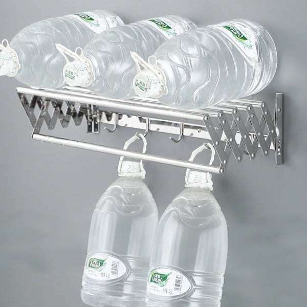 Suport pliabil pentru prosoape, din inox, cu 7 bare, 5 carlige, dimensiuni 12-35.5 cm x 58 cm x 14.5 cm, fixare pe perete, argintiu