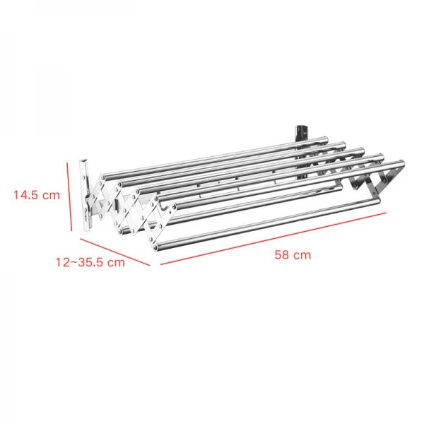 Suport pliabil pentru prosoape, din inox, cu 7 bare, 5 carlige, dimensiuni 12-35.5 cm x 58 cm x 14.5 cm, fixare pe perete, argintiu