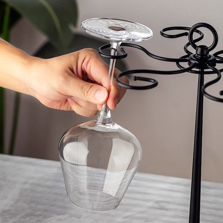 Suport rotativ pentru pahare cu picior, cu baza din lemn, cadru din metal, pentru 6 pahare, negru/maro