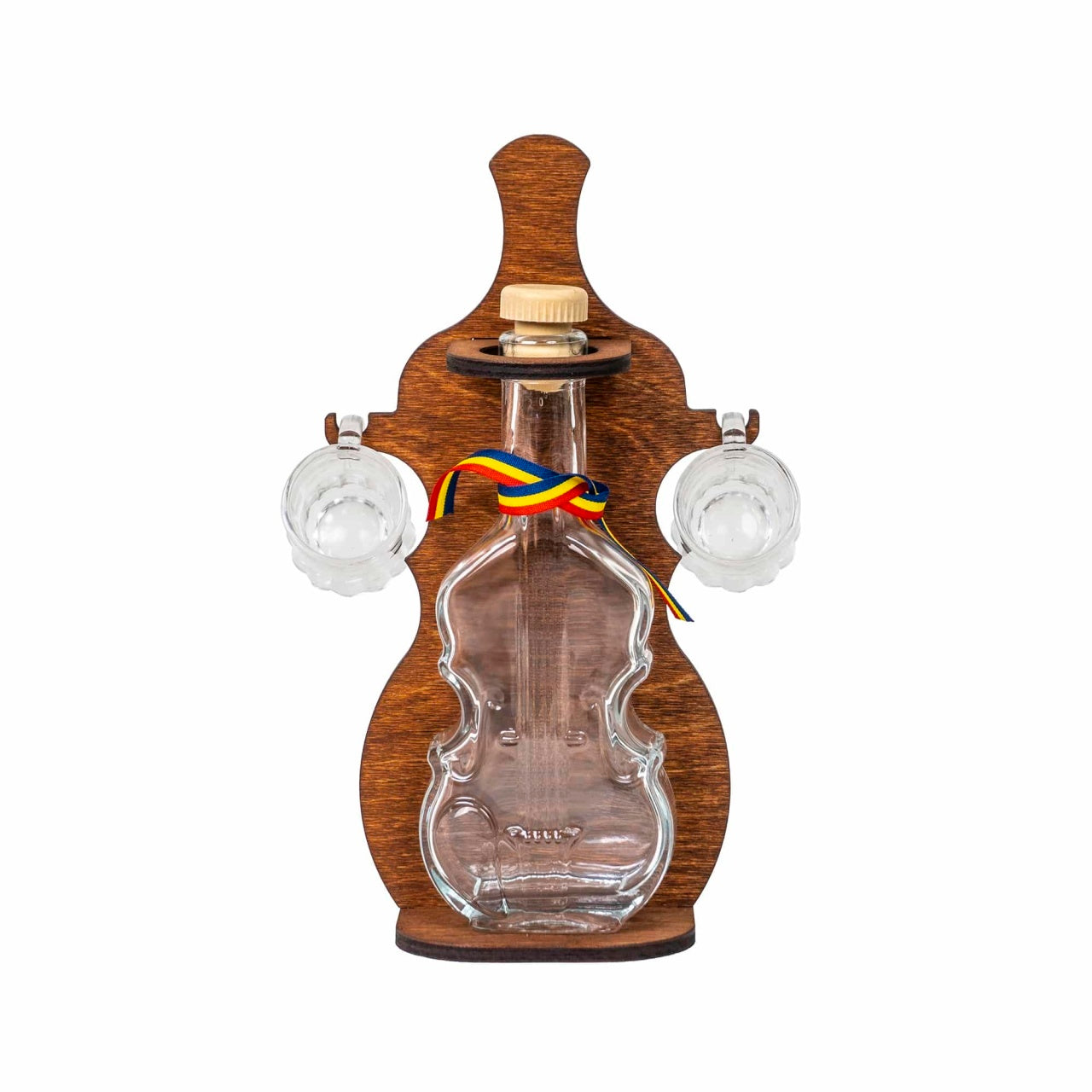 Suport sticla in forma de vioara cu doua pahare shot, lemn maro, 26 cm