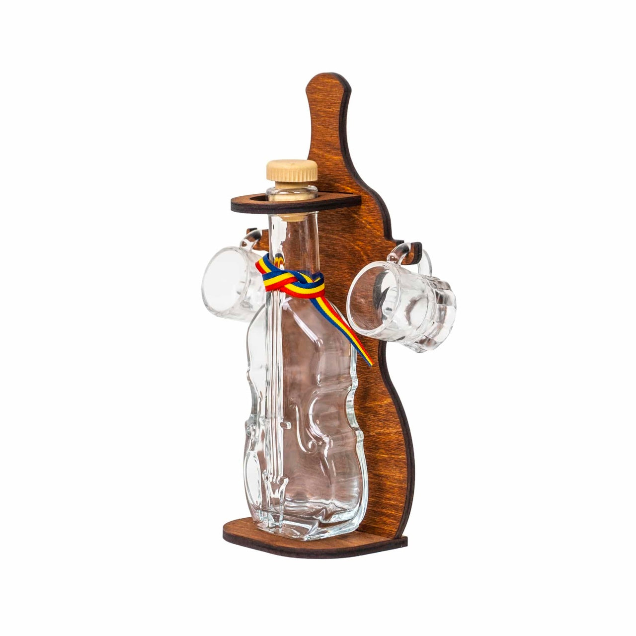 Suport sticla in forma de vioara cu doua pahare shot, lemn maro, 26 cm