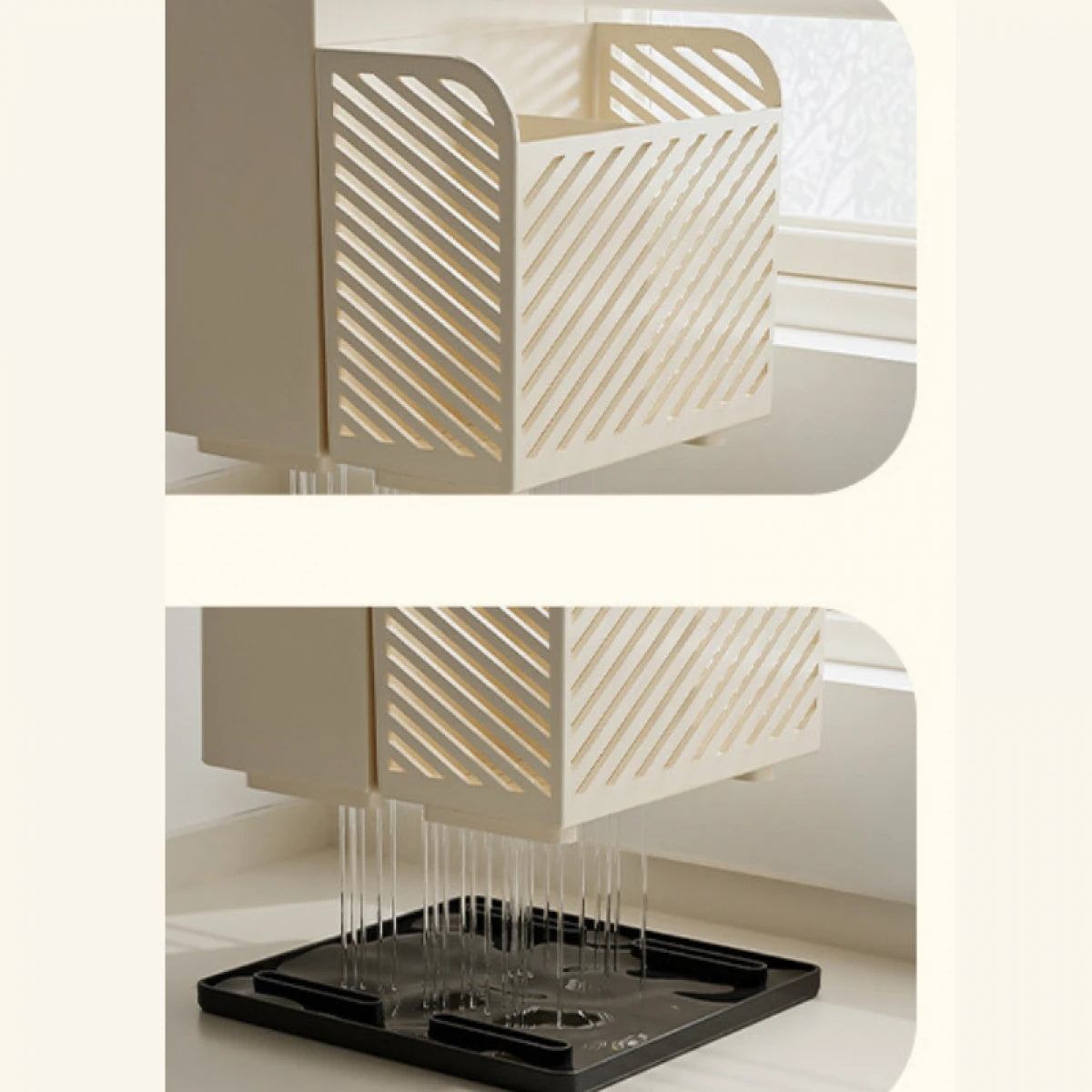 Suport ustensile bucatarie, recipient cutite, cu 3 compartimente, din plastic, dimensiuni 21 x 16 x 15 cm, alb