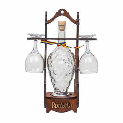 Suport vioara rustic din lemn cu sticla strugure si 2 pahare de vin 1000ml
