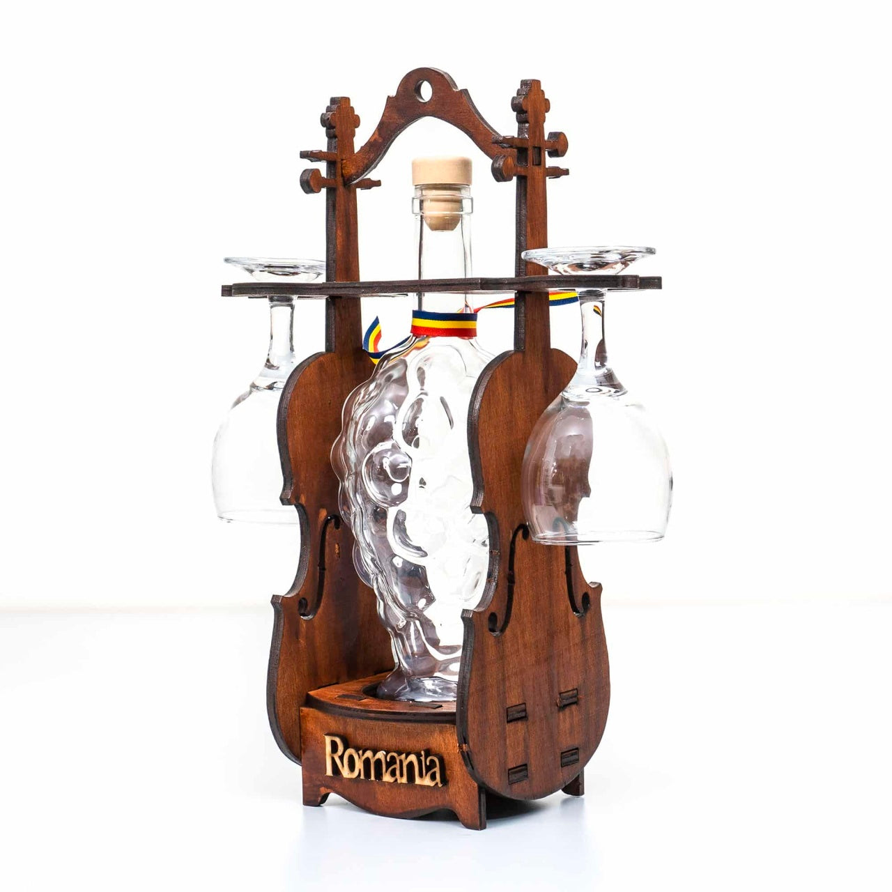 Suport vioara rustic din lemn cu sticla strugure si 2 pahare de vin 1000ml