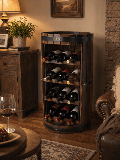 Suport vin din lemn tip butoi pentru 12 sticle, design rustic elegant