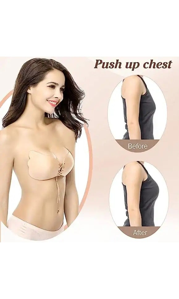 Sutien, autoadeziv, din silicon si textil, cupa A, cu siret de reglare, Push Up, bej