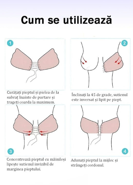 Sutien, autoadeziv, din silicon si textil, cupa A, cu siret de reglare, Push Up, bej