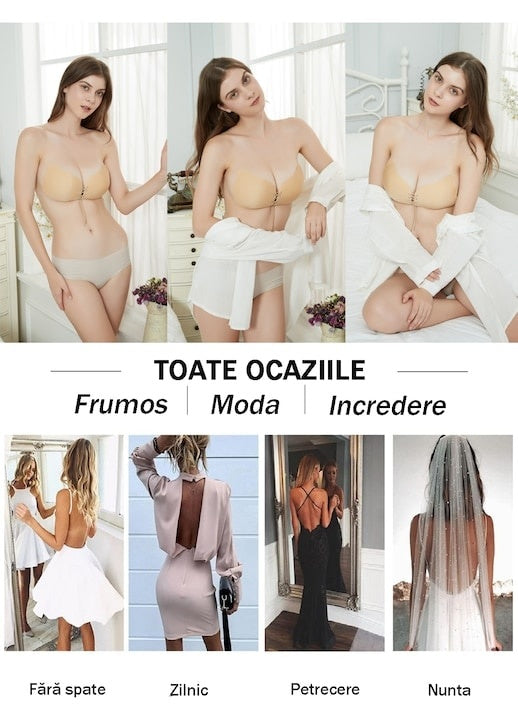Sutien, autoadeziv, din silicon si textil, cupa A, cu siret de reglare, Push Up, bej