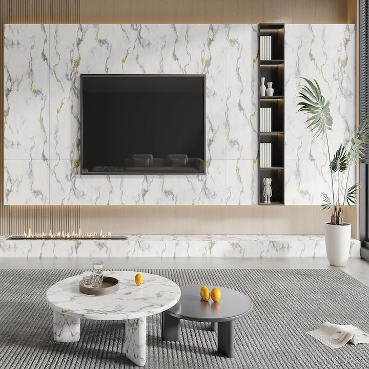 Tapet 3D autoadeziv, tip marmura, waterproof, adeziv puternic, usor de montat, pentru blaturi de bucatarie, mobilier, alb