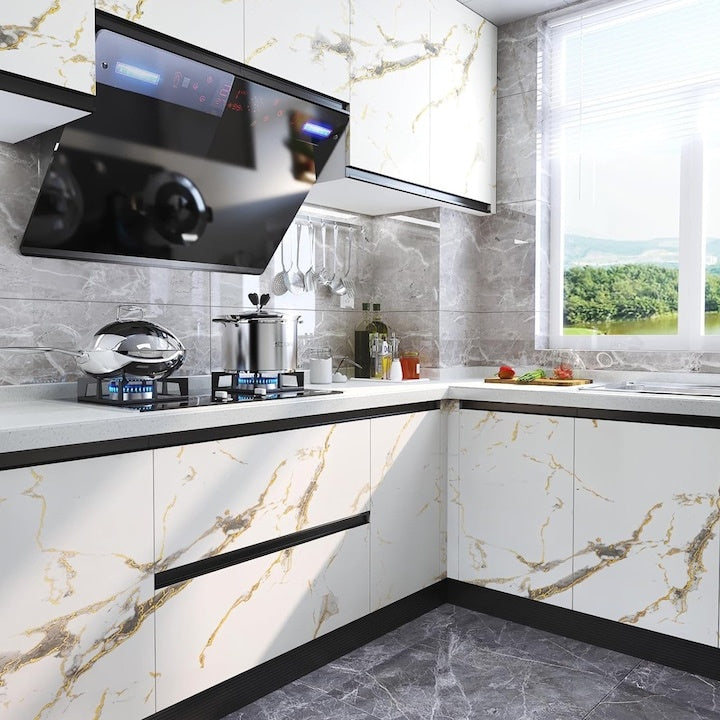 Tapet 3D autoadeziv, tip marmura, waterproof, adeziv puternic, usor de montat, pentru blaturi de bucatarie, mobilier, alb