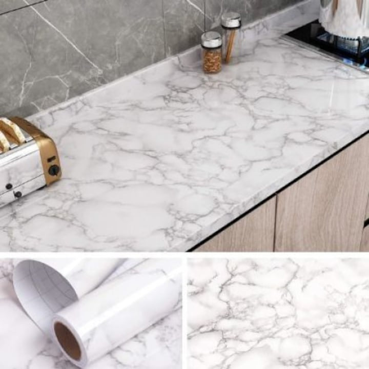 Tapet 3D autoadeziv, tip marmura, waterproof, adeziv puternic, usor de montat, pentru blaturi de bucatarie, mobilier, alb/negru