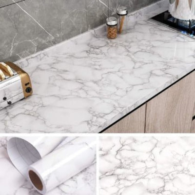 Tapet 3D autoadeziv, tip marmura, waterproof, adeziv puternic, usor de montat, pentru blaturi de bucatarie, mobilier, alb/negru