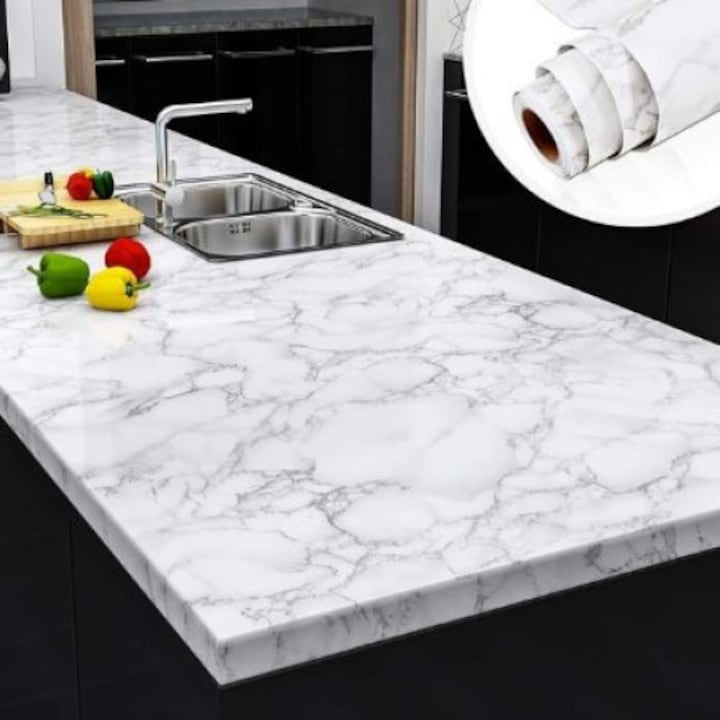 Tapet 3D autoadeziv, tip marmura, waterproof, adeziv puternic, usor de montat, pentru blaturi de bucatarie, mobilier, alb/negru