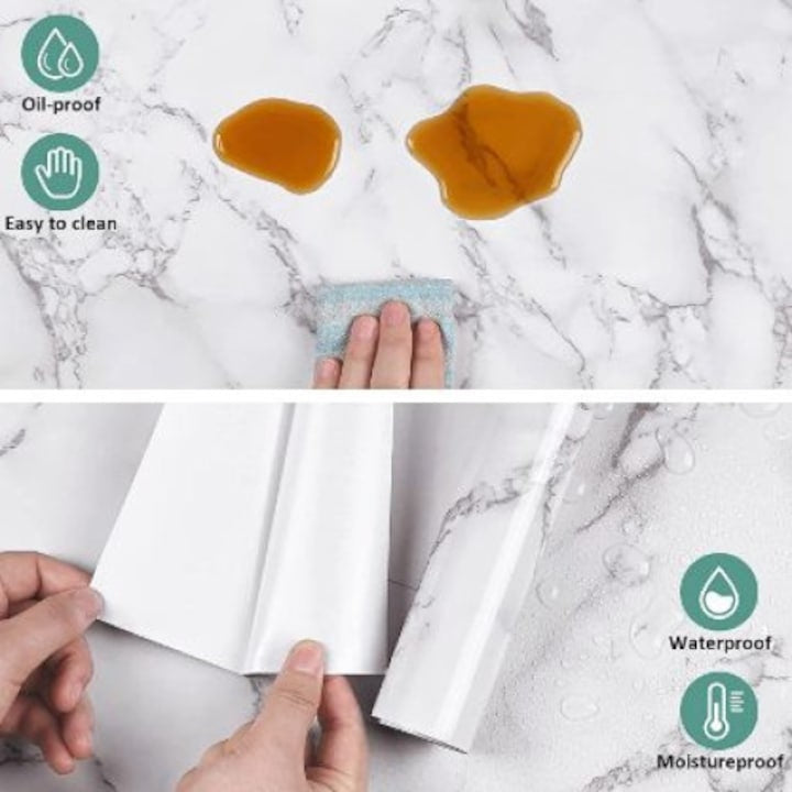 Tapet 3D autoadeziv, tip marmura, waterproof, adeziv puternic, usor de montat, pentru blaturi de bucatarie, mobilier, alb/negru