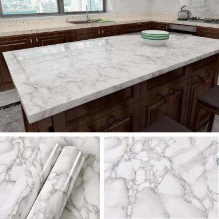 Tapet 3D autoadeziv, tip marmura, waterproof, adeziv puternic, usor de montat, pentru blaturi de bucatarie, mobilier, alb/negru