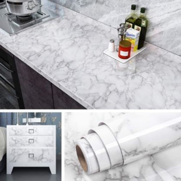 Tapet 3D autoadeziv, tip marmura, waterproof, adeziv puternic, usor de montat, pentru blaturi de bucatarie, mobilier, alb/negru