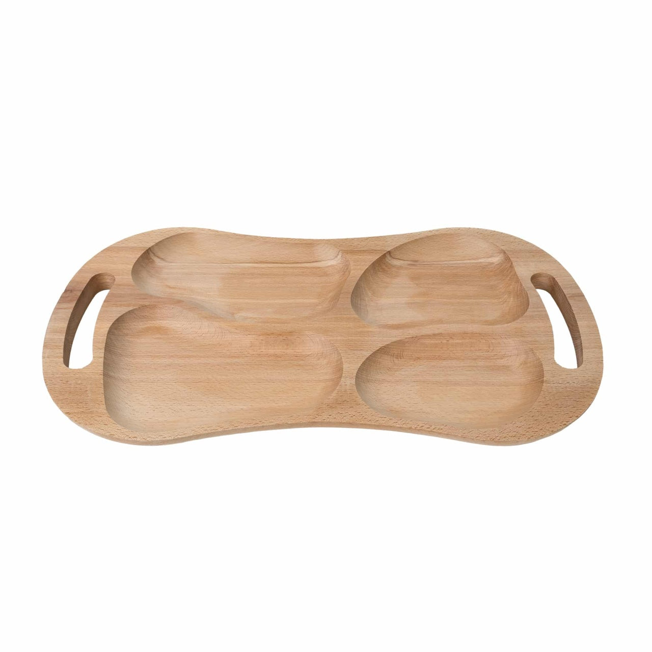 Tava asimetrica din lemn de fag, 4 compartimente, manere, 60x33 cm