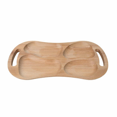 Tava asimetrica din lemn de fag, 4 compartimente, manere, 60x33 cm