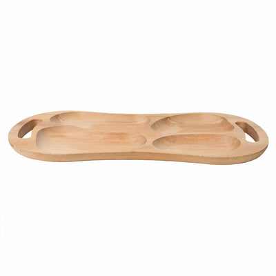 Tava asimetrica din lemn de fag, 4 compartimente, manere, 60x33 cm
