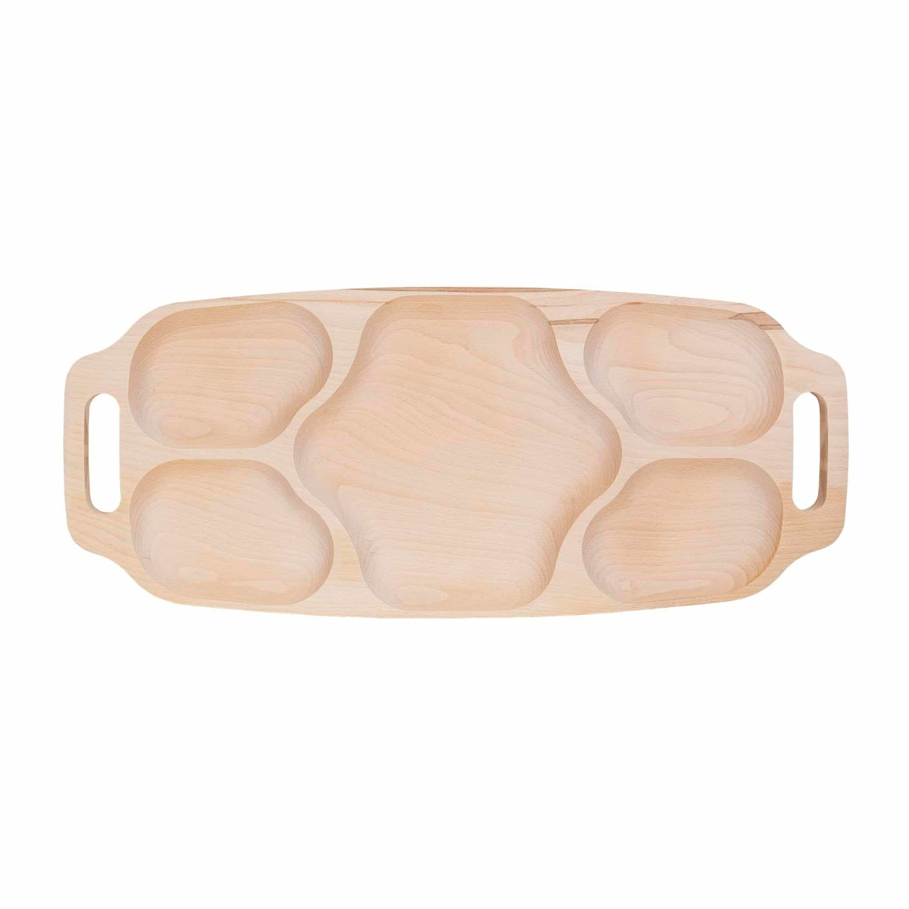 Tava asimetrica din lemn de fag cu 5 compartimente si manere, 70x30x3 cm