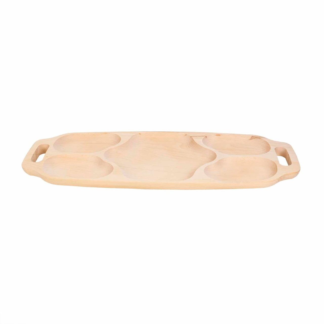 Tava asimetrica din lemn de fag cu 5 compartimente si manere, 70x30x3 cm