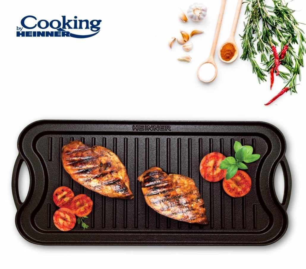 Tava grill din fonta 51x26x2.5 cm, reversibila, compatibila cu toate plitele