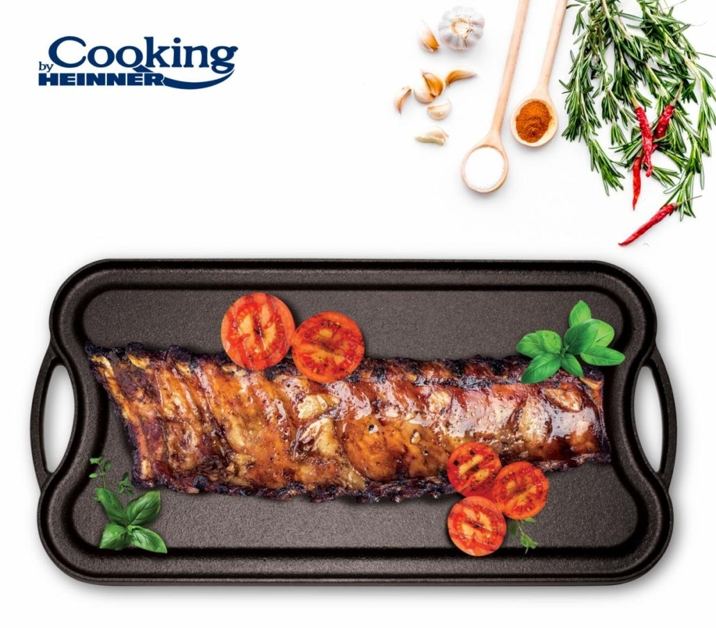 Tava grill din fonta 51x26x2.5 cm, reversibila, compatibila cu toate plitele
