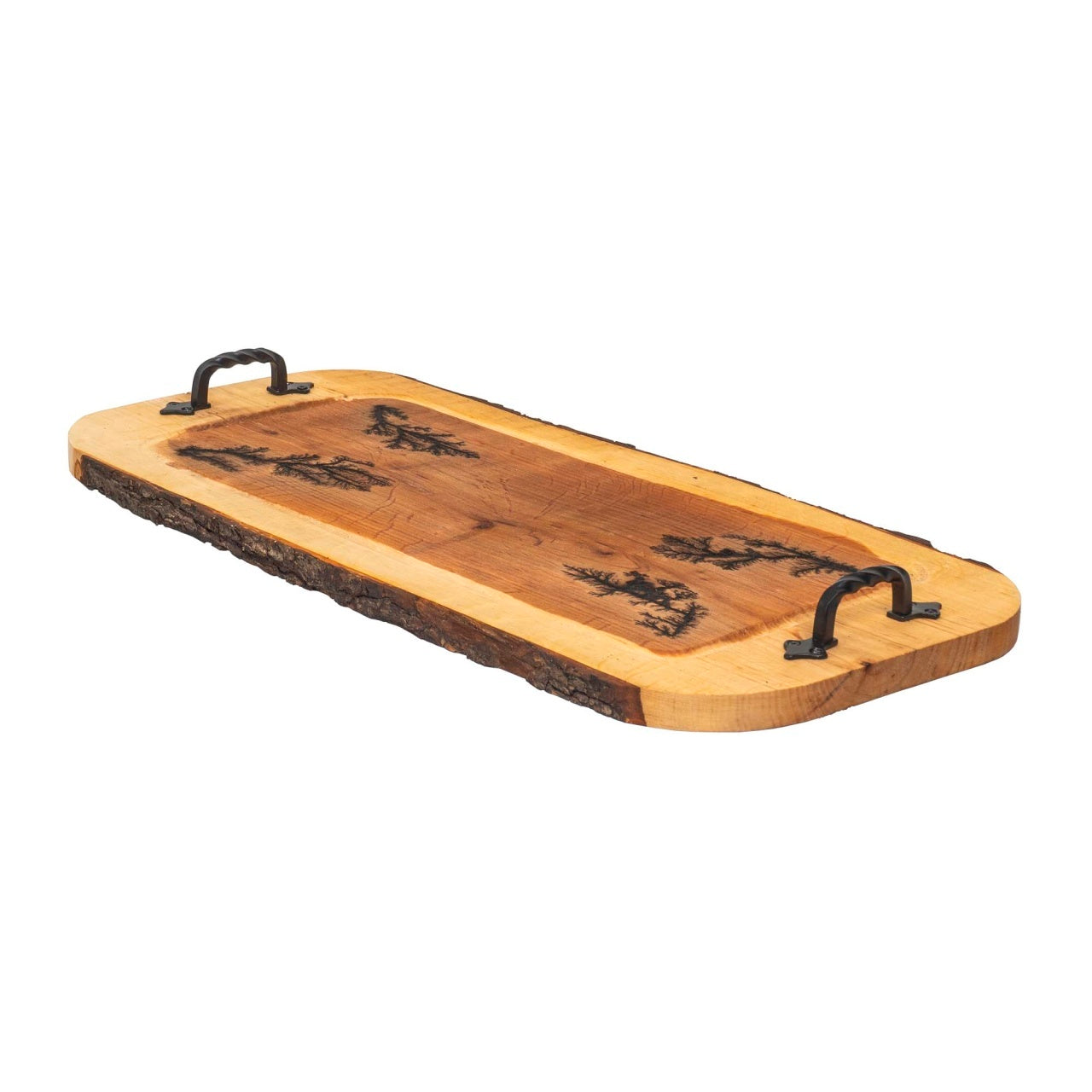 Tava sculptata din lemn de arin cu manere din fier forjat, 61x30 cm