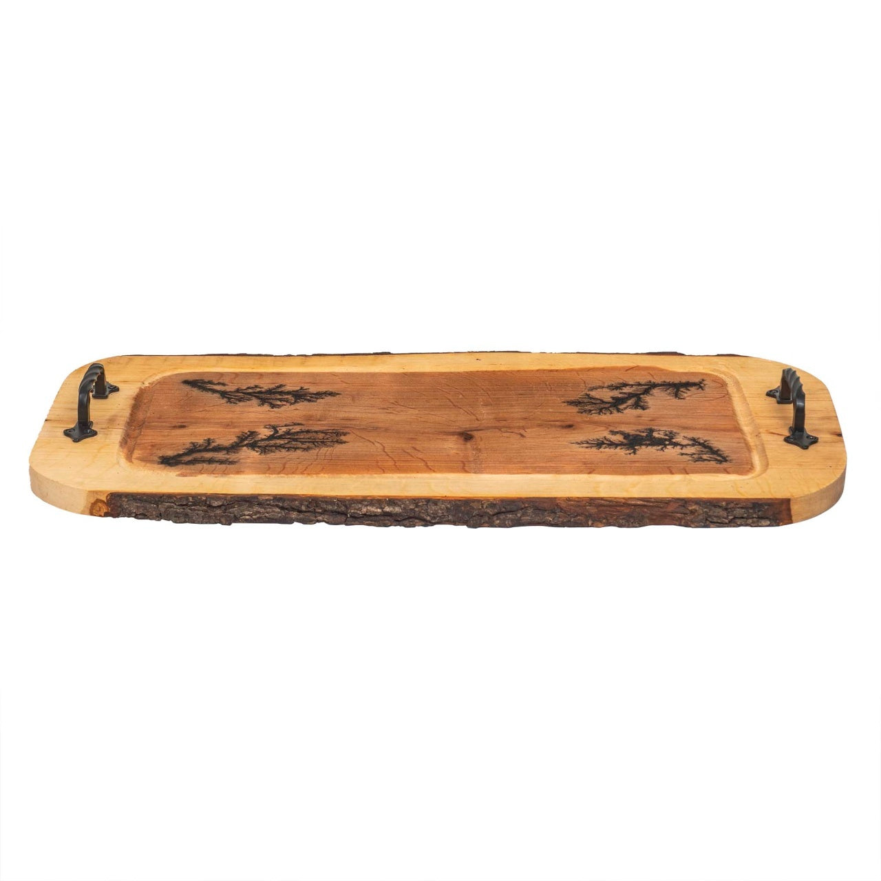 Tava sculptata din lemn de arin cu manere din fier forjat, 61x30 cm