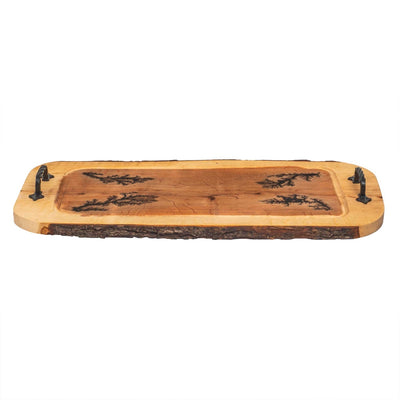 Tava sculptata din lemn de arin cu manere din fier forjat, 61x30 cm