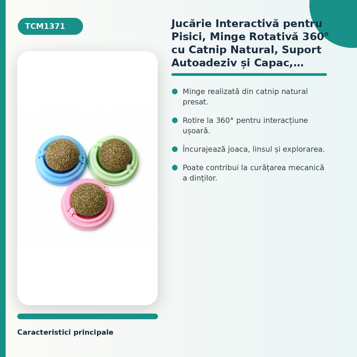 Jucărie Interactivă pentru Pisici, Minge Rotativă 360° cu Catnip Natural, Suport Autoadeziv și Capac, Multicolor – imagine 3