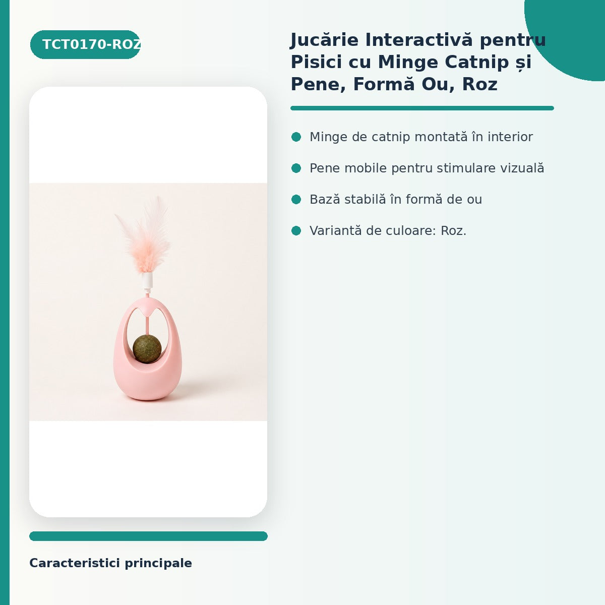Jucărie Interactivă pentru Pisici cu Minge Catnip și Pene, Formă Ou, Roz – imagine 3