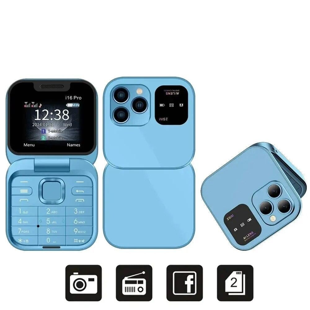 Telefon mobil mini cu ecran dublu, butoane mari, lanterna LED, camera foto, 2 x Nano SIM, player muzical, radio, albastru