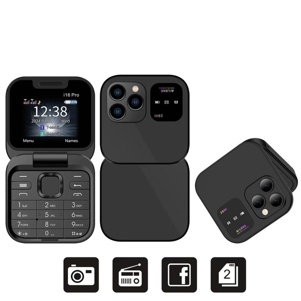 Telefon mobil mini cu ecran dublu, butoane mari, lanterna LED, camera foto, 2 x Nano SIM, player muzical, radio, negru