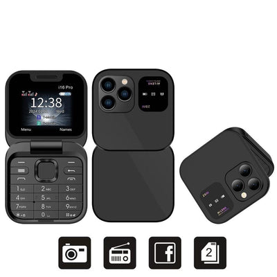 Telefon mobil mini cu ecran dublu, butoane mari, lanterna LED, camera foto, 2 x Nano SIM, player muzical, radio, negru