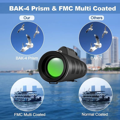 Telescop monocular HD 40*60, rezistent la praf si apa, compatibil smartphone, din plastic rezistent, negru