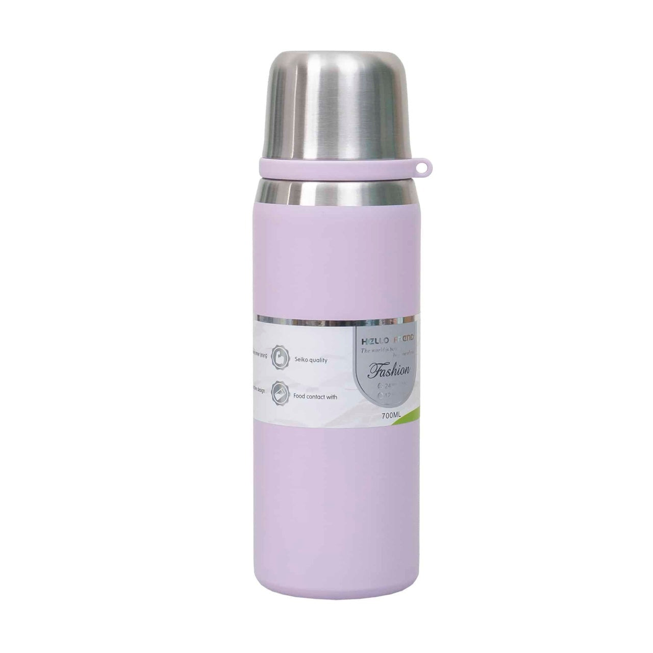 Termos inox 700ml cu capac-pahar mov, sita si bratara transport