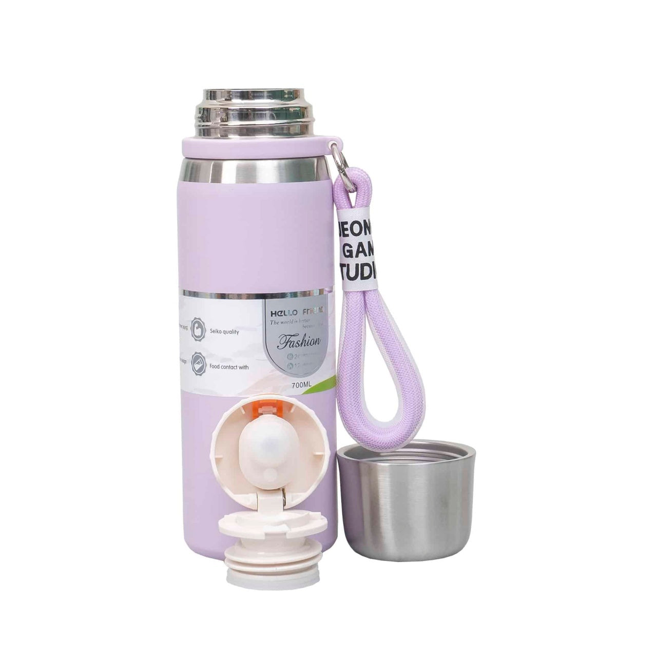 Termos inox 700ml cu capac-pahar mov, sita si bratara transport