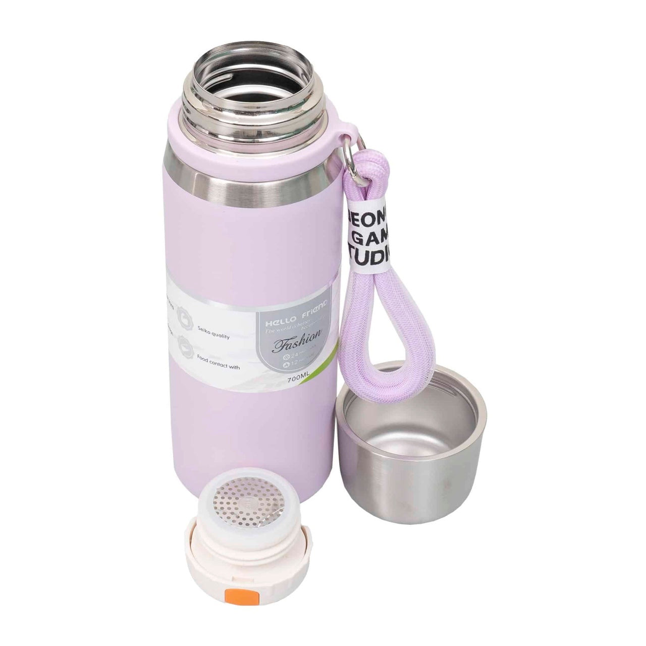 Termos inox 700ml cu capac-pahar mov, sita si bratara transport