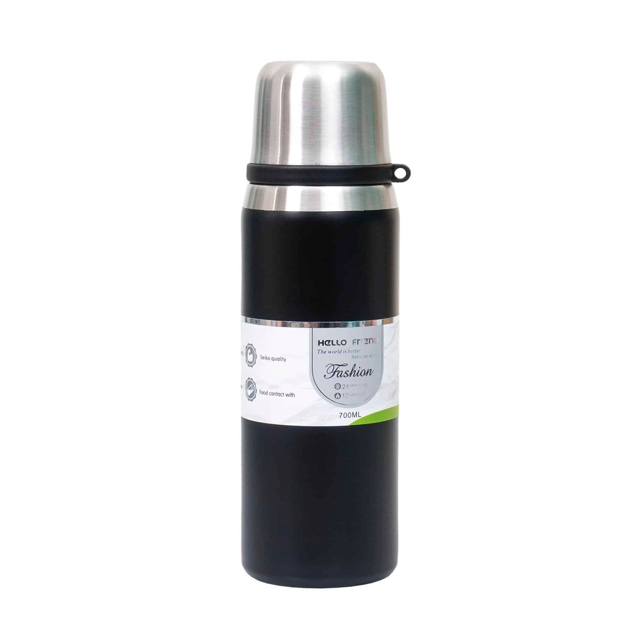 Termos inox interior 700ml cu capac pahar si sita, negru