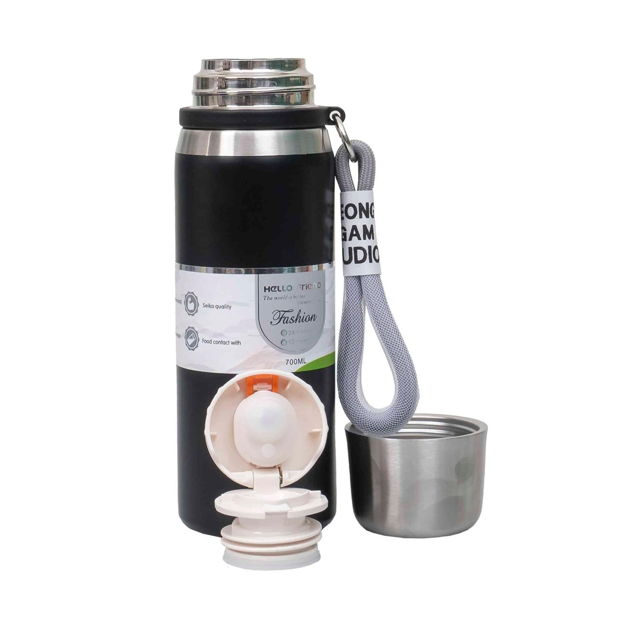 Termos inox interior 700ml cu capac pahar si sita, negru