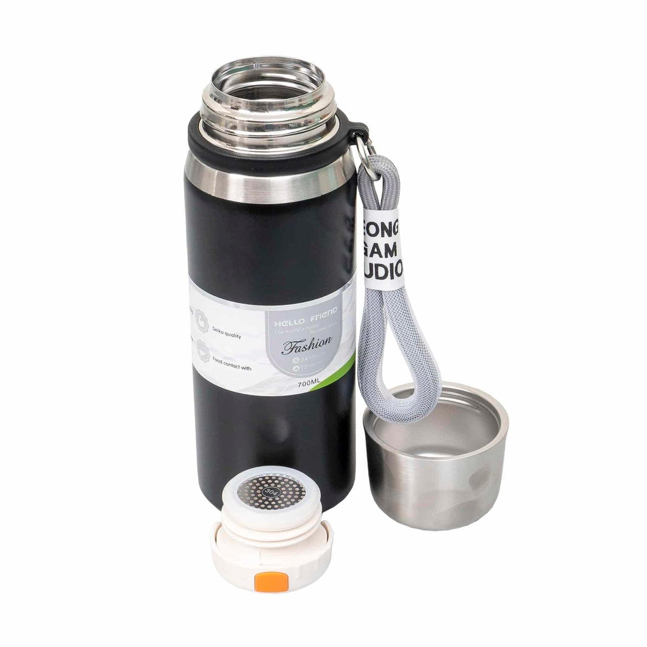 Termos inox interior 700ml cu capac pahar si sita, negru