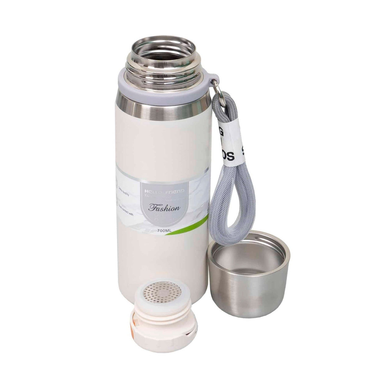 Termos interior inox 700ml cu capac pahar alb, sita si bratara transport