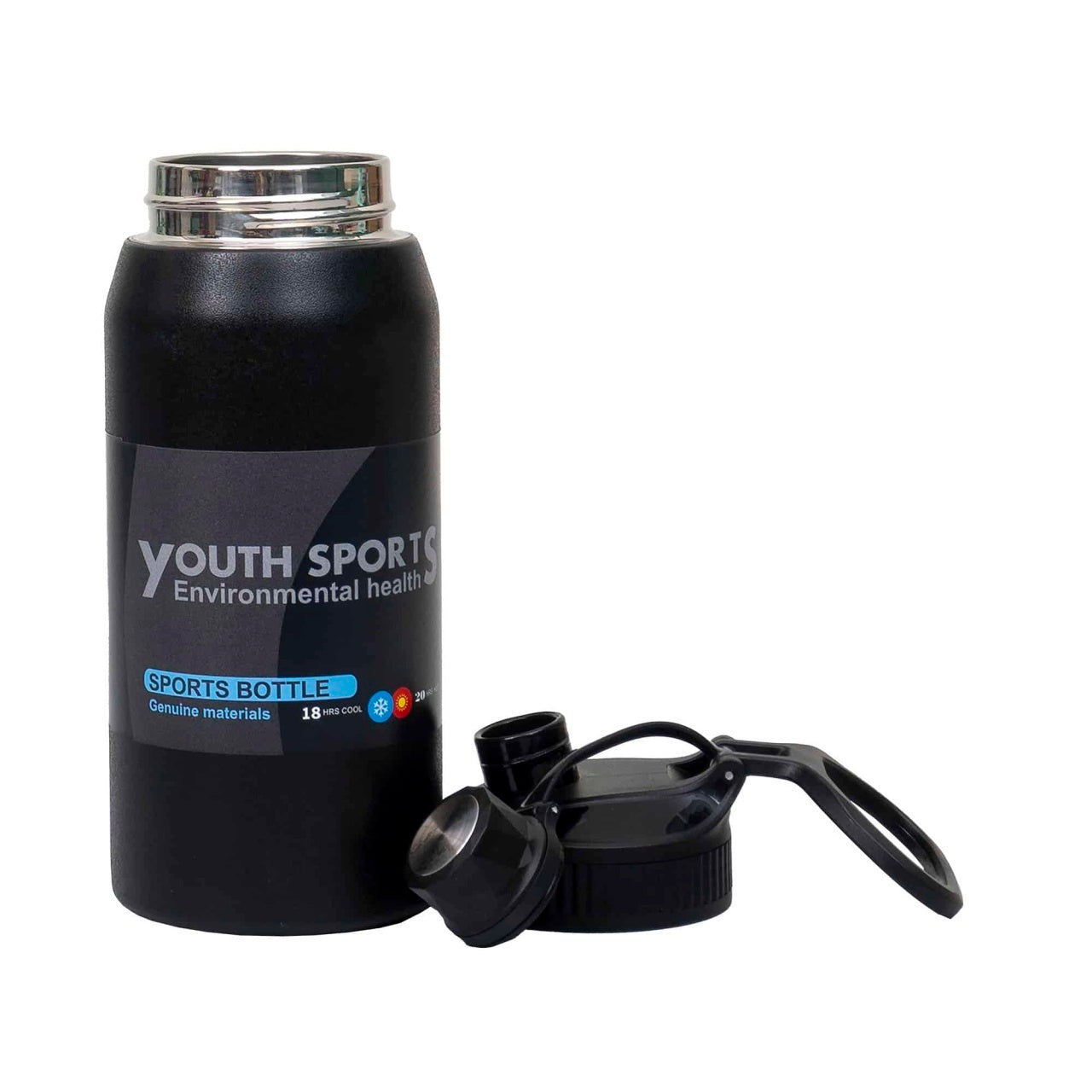 Termos YOUTH SPORTS 600ml, interior inox, capac negru, model sticla