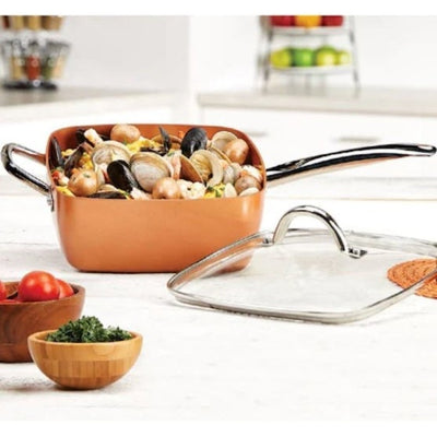 Tigaie 5 in 1 cu capac din sticla FOXMAG24, 24 cm x 9 cm, pentru fript, fiert, prajit, gatit la aburi, gatit la cuptor, culoare bronz