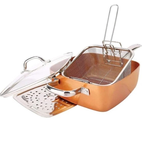 Tigaie 5 in 1 cu capac din sticla FOXMAG24, 24 cm x 9 cm, pentru fript, fiert, prajit, gatit la aburi, gatit la cuptor, culoare bronz